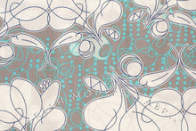 Load image into Gallery viewer, Floral Sketch on Grey and Aqua Background, Kei Fabric, 100% Cotton Voile Fabric