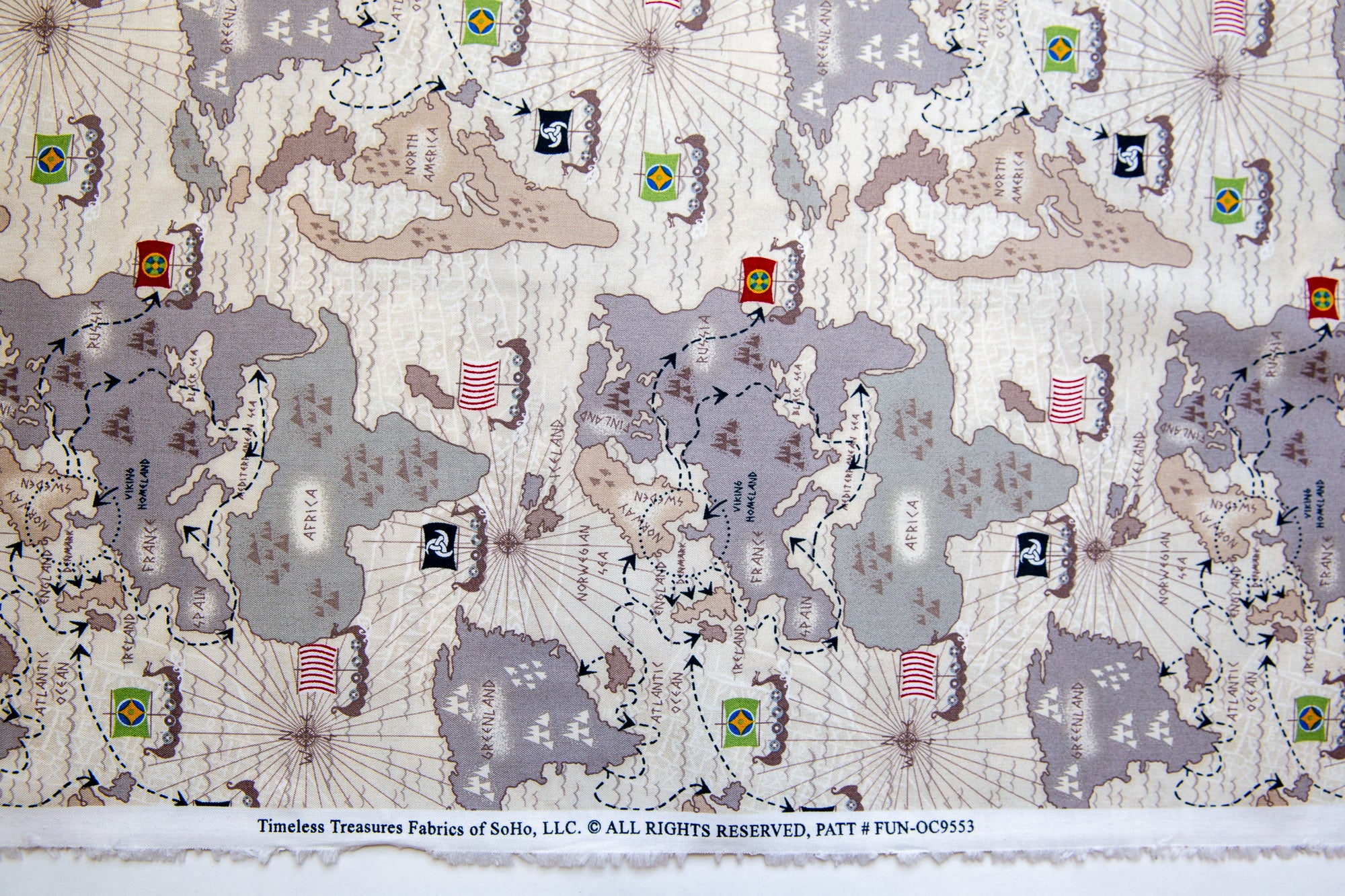 Vikings Organic Cotton Map, Timeless Treasures, FUN-OC9553
