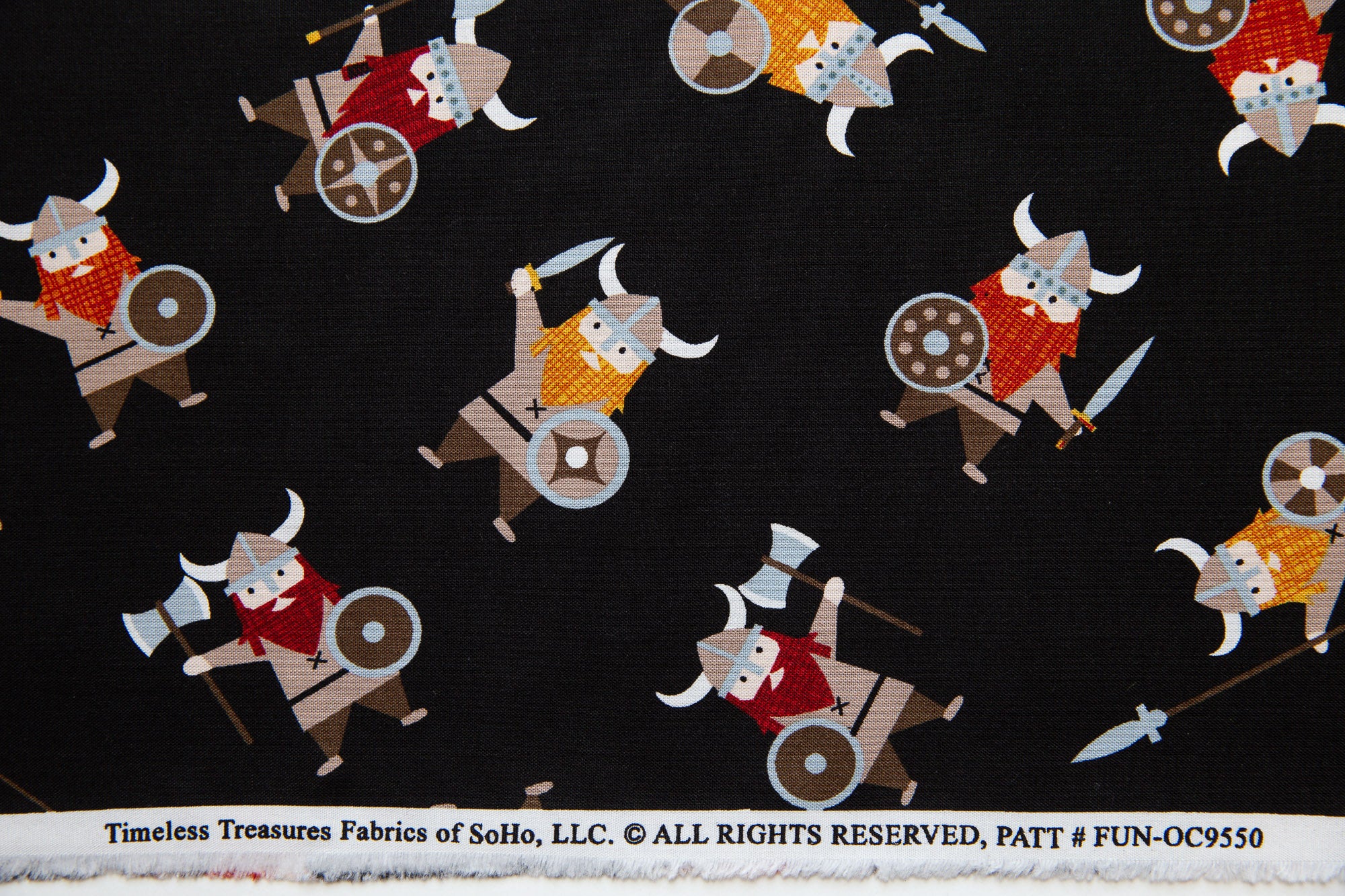 Vikings Organic Cotton, Tossed Vikings in Black, Timeless Treasures, FUN-OC9550