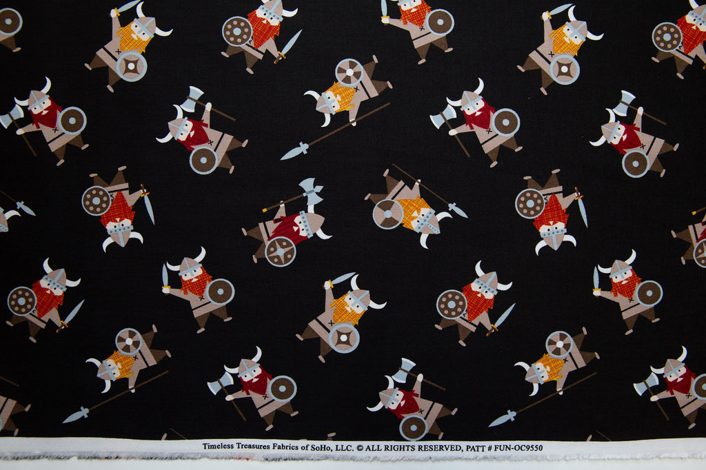 Vikings Organic Cotton, Tossed Vikings in Black, Timeless Treasures, FUN-OC9550