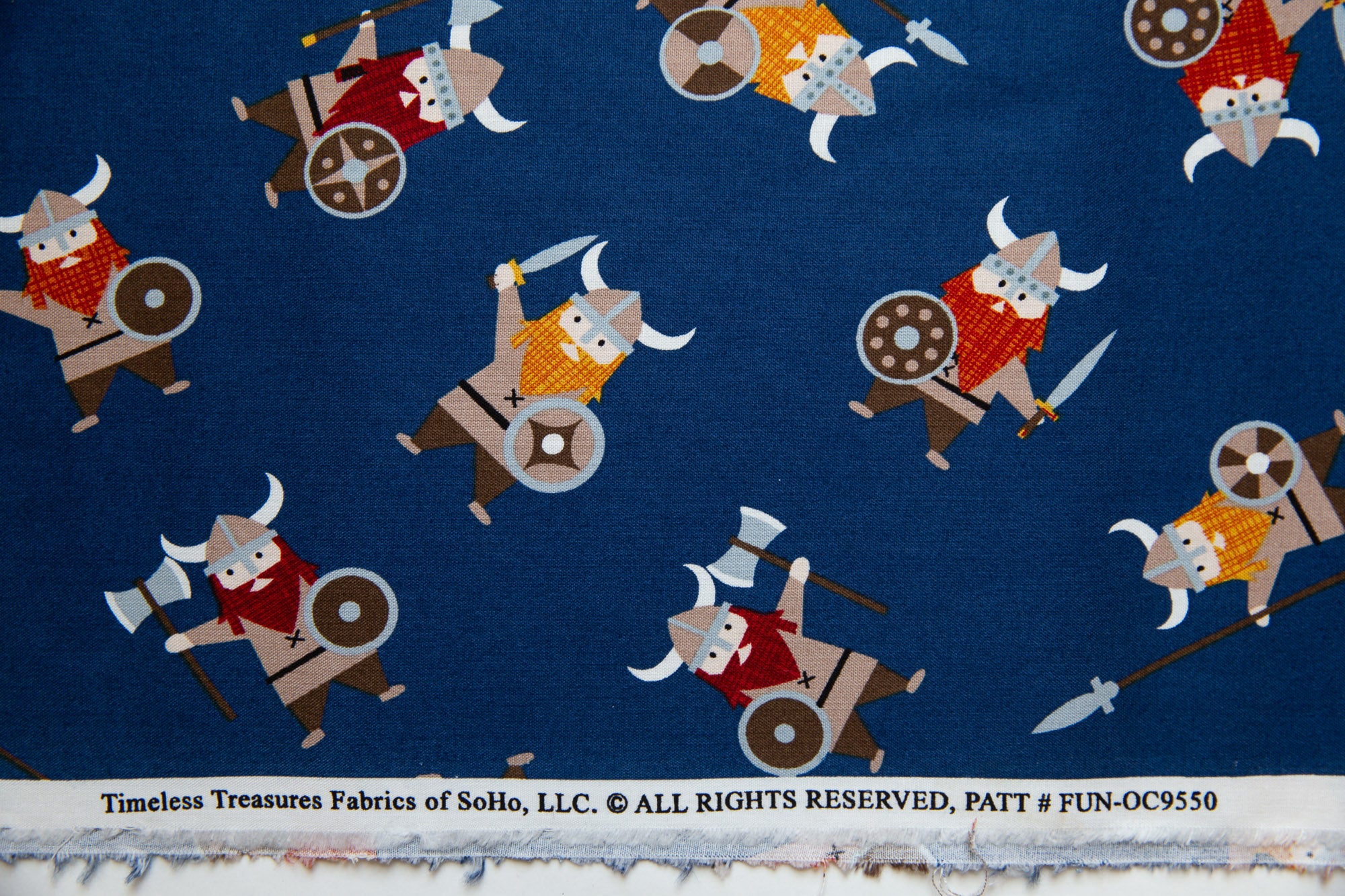 Vikings Organic Cotton, Tossed Vikings in Navy, Timeless Treasures, FUN-OC9550