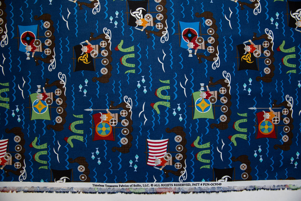 Vikings Organic Cotton, Viking Boats in Navy, Timeless Treasures, FUN-OC9549