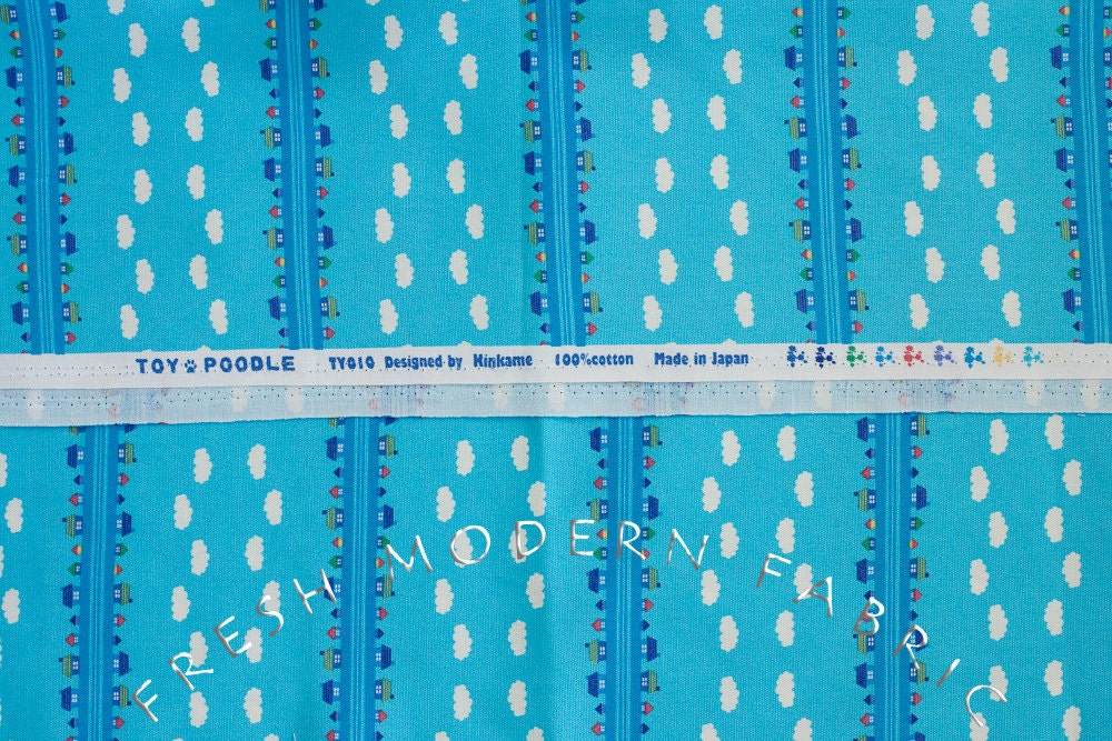 Toy Poodle House Stripe in Blue, Kinkame for Clothworks, Oxford Cotton Fabric