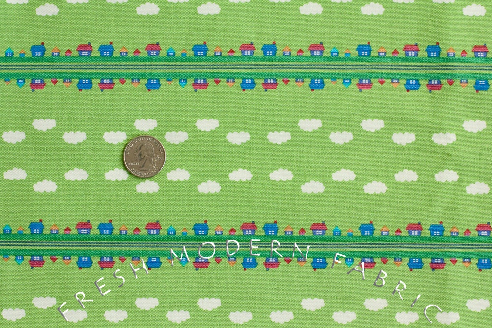 Toy Poodle House Stripe in Green, Kinkame for Clothworks, Oxford Cotton Fabric