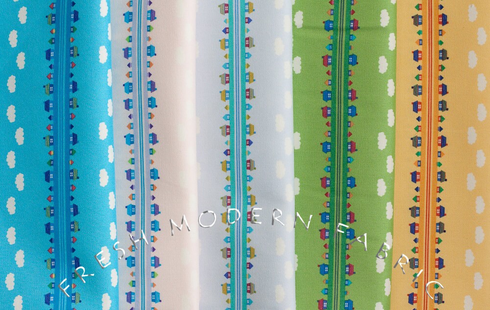 Toy Poodle House Stripe in Green, Kinkame for Clothworks, Oxford Cotton Fabric