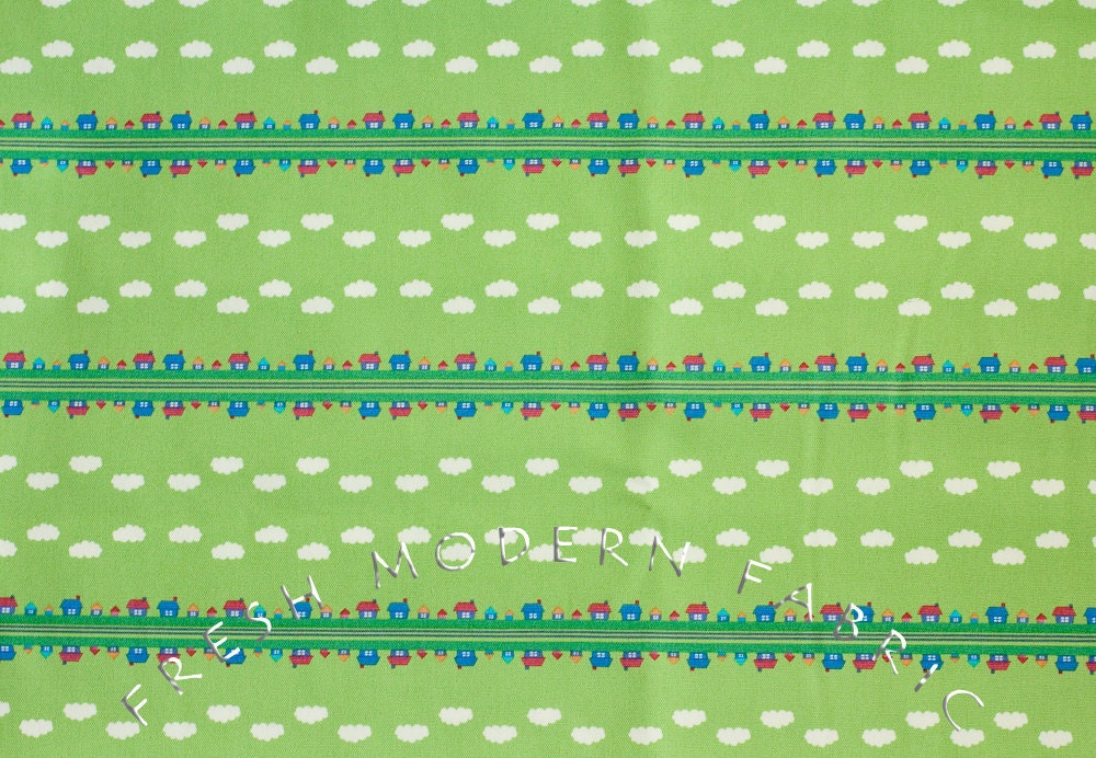 Toy Poodle House Stripe in Green, Kinkame for Clothworks, Oxford Cotton Fabric