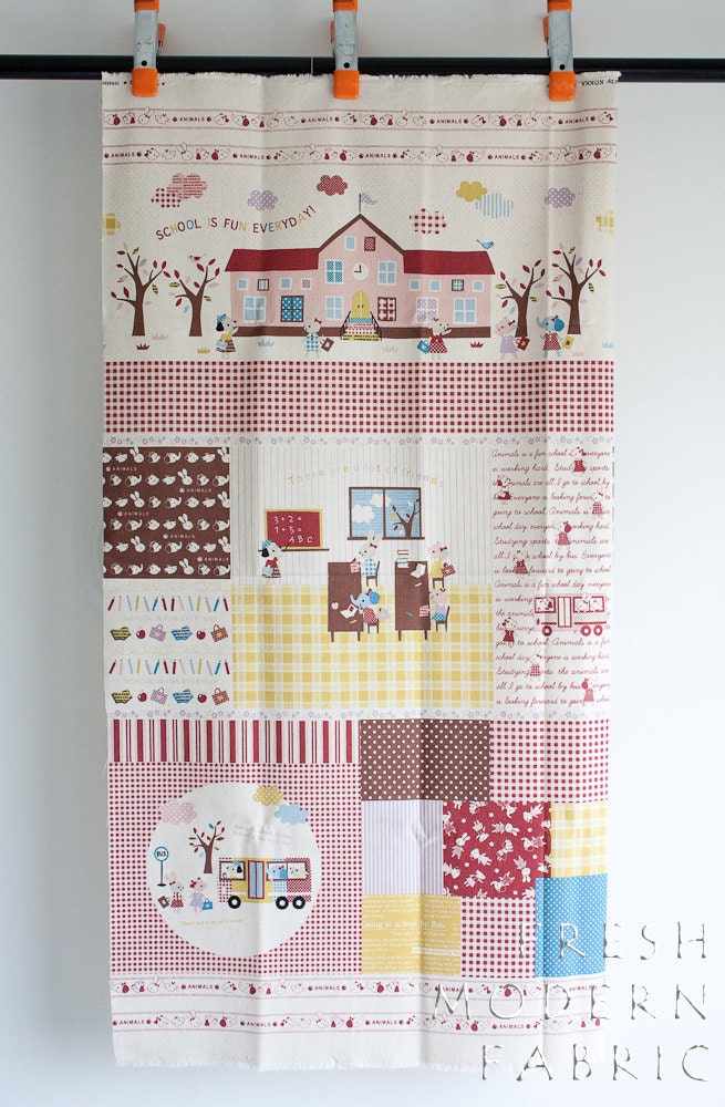 Schoolhouse Panel, Trefle, Kokka Fabrics, Japanese Import, Cotton and Linen Blend Fabric