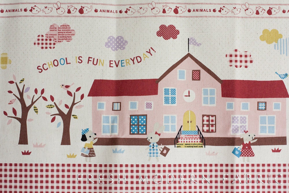Schoolhouse Panel, Trefle, Kokka Fabrics, Japanese Import, Cotton and Linen Blend Fabric