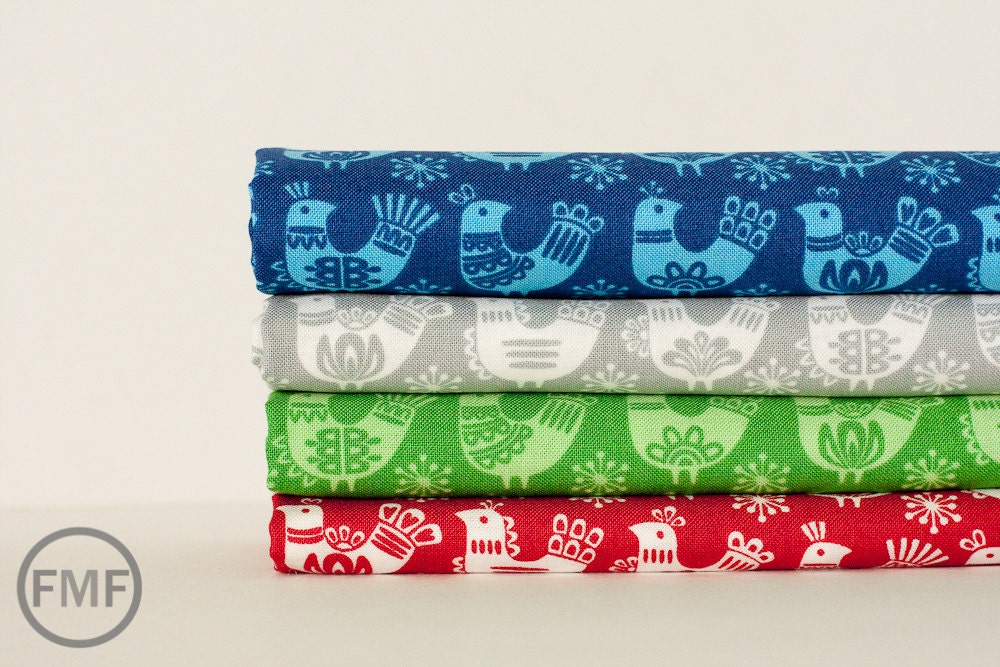 Folk Art Holiday Birds in Gray, Gina Martin, 100% Cotton, Moda Fabrics, 10021 16