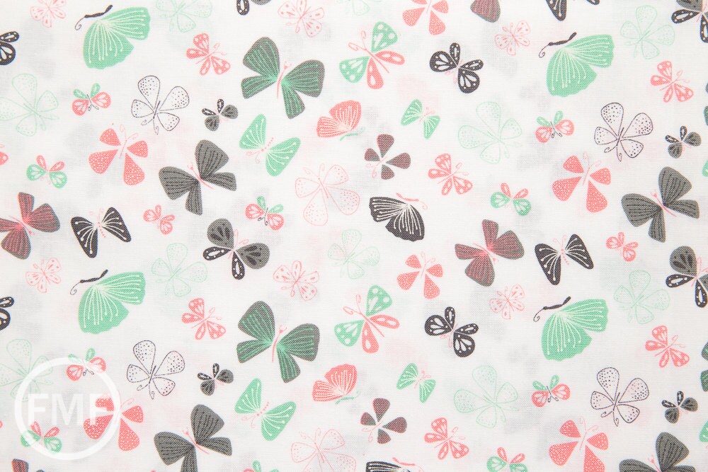 Kitten's Meow Butterflies in White, Heather Rosas, 100% Cotton, Camelot Fabrics, 6141403 1