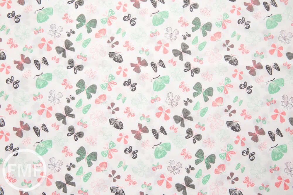 Kitten's Meow Butterflies in White, Heather Rosas, 100% Cotton, Camelot Fabrics, 6141403 1
