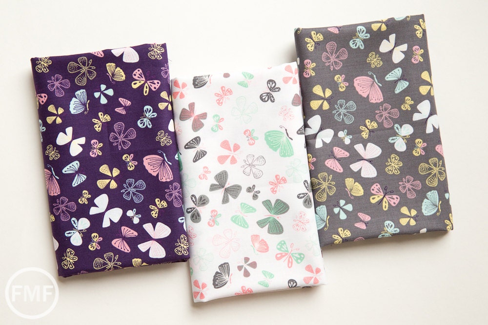 Kitten's Meow Butterflies in White, Heather Rosas, 100% Cotton, Camelot Fabrics, 6141403 1