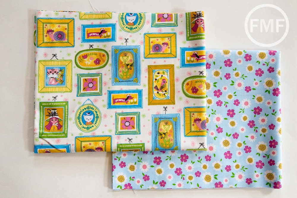 Whimsical Storybook Daisies in Spring, Tara Lilly, Robert Kaufman Fabrics, 100% Cotton Fabric, AYT-15656-192 SPRING