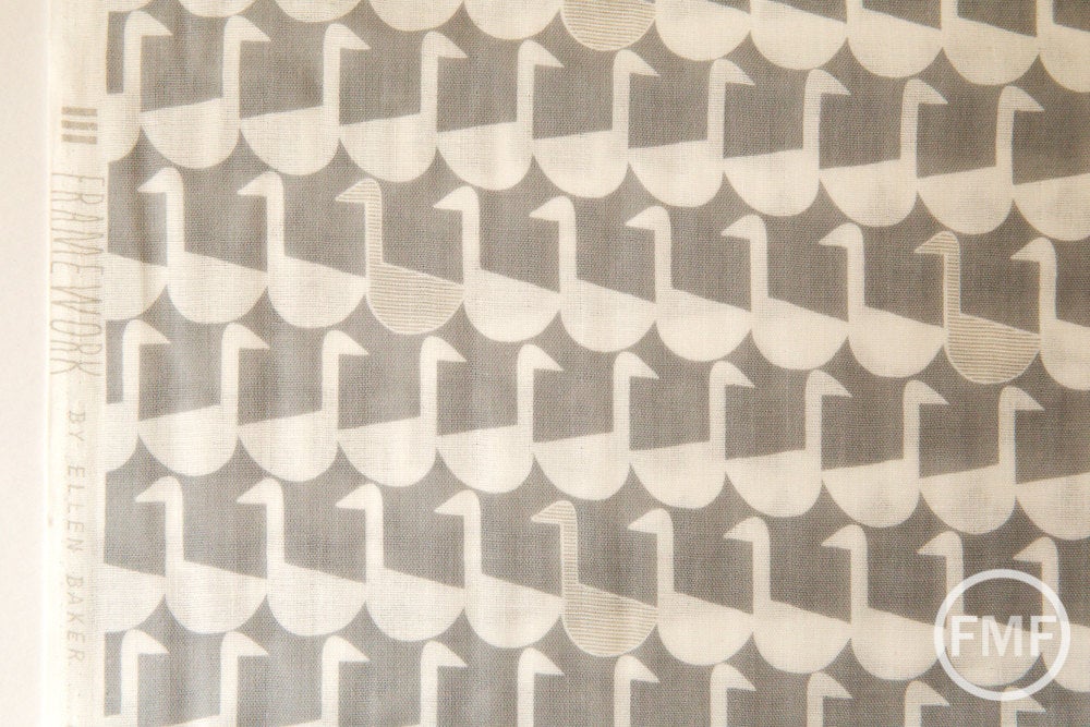 Framework Sitting Geese in Grey, Ellen Baker for Kokka Fabrics, Double Gauze Cotton Fabric, JG-41800-802A