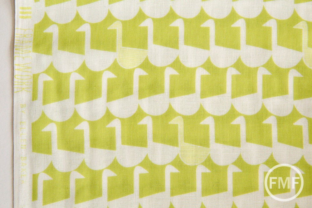 Framework Sitting Geese in Chartreuse, Ellen Baker for Kokka Fabrics, Double Gauze Cotton Fabric, JG-41800-802B