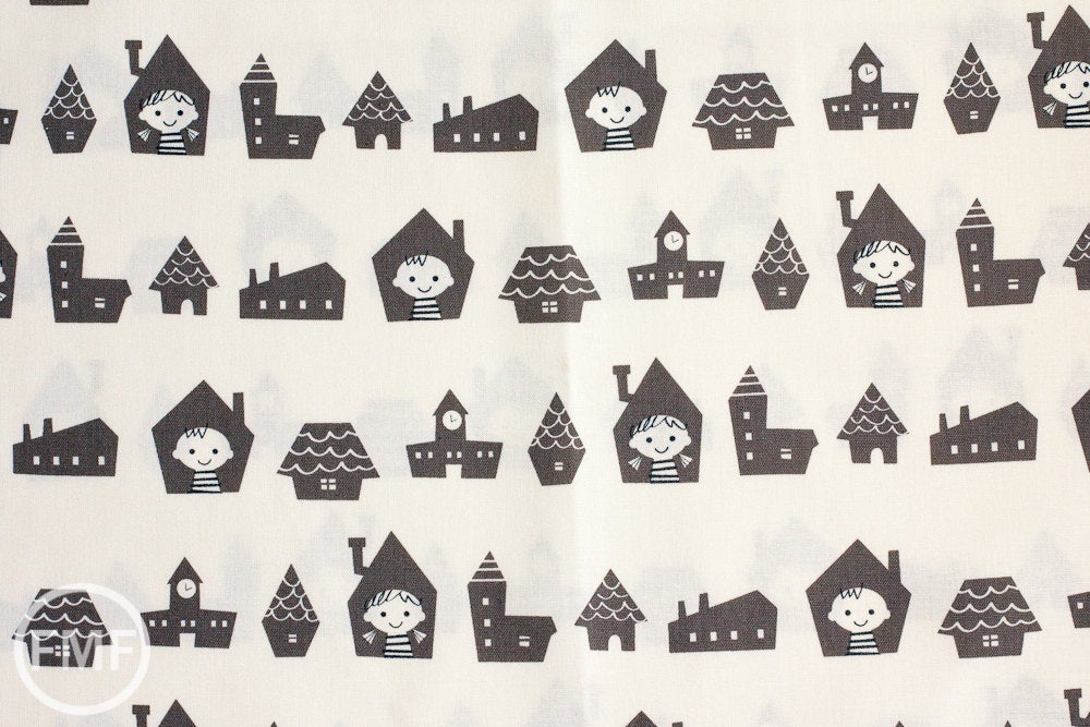 Happy Houses in Grey, Puti de Pome So Happy, Mico Design Works, Mico Ogura, Made in Japan, Cotton and Linen Blend Fabric, PTMF-077