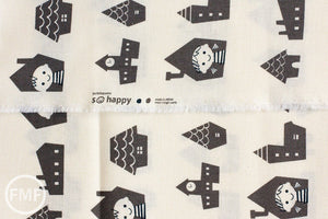 Happy Houses in Grey, Puti de Pome So Happy, Mico Design Works, Mico Ogura, Made in Japan, Cotton and Linen Blend Fabric, PTMF-077