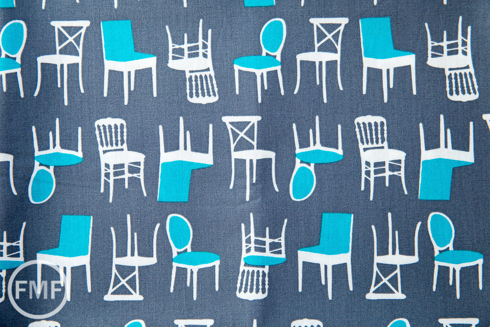 Perfectly Perched Chairs in Steel, Laurie Wisbrun, Robert Kaufman Fabrics, 100% Cotton Fabric, AWN-12851-185 STEEL