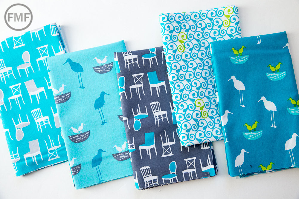 Perfectly Perched in Turquoise Bundle, 5 Pieces, Laurie Wisbrun, 100% Cotton, Robert Kaufman Fabrics, AWN-TUR-5