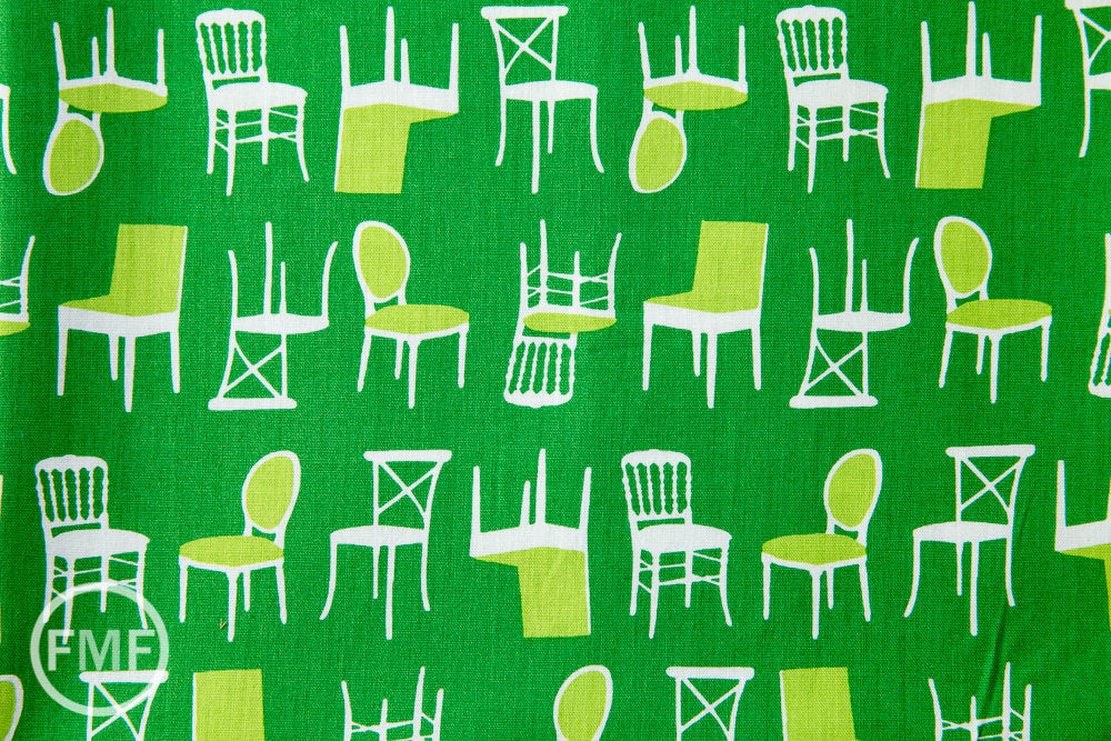 Perfectly Perched Chairs in Green, Laurie Wisbrun, Robert Kaufman Fabrics, 100% Cotton Fabric, AWN-12851-7 GREEN