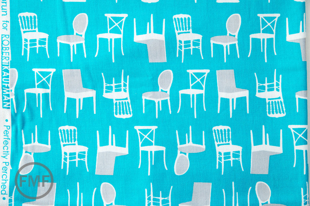 Perfectly Perched Chairs in Turquoise, Laurie Wisbrun, Robert Kaufman Fabrics, 100% Cotton Fabric, AWN-12851-81 TURQUOISE