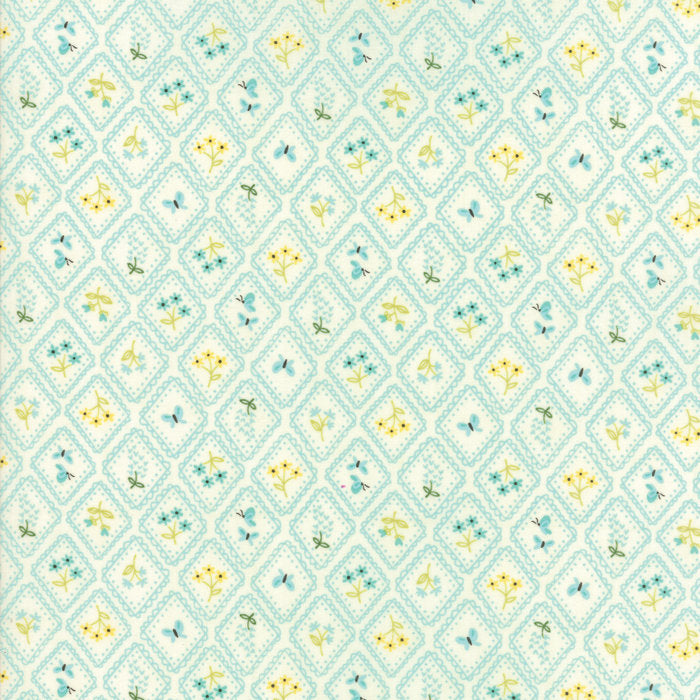 Home Sweet Home Garden Cameo Wallpaper in Cream and Aqua Blue, Stacy Iest Hsu, 100% Cotton Fabric, Moda Fabrics, 20576 21