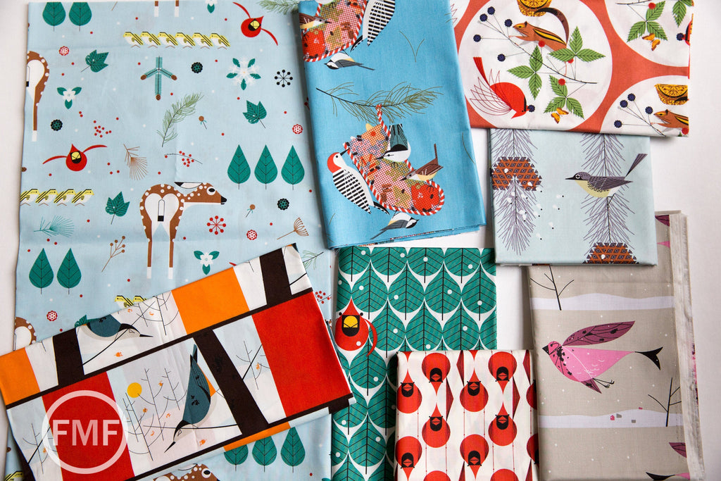 Charley Harper Winter Wonderland White Breasted Nuthatch 2, 100% GOTS-Certified Organic Cotton Poplin, Birch Fabrics, CH-130