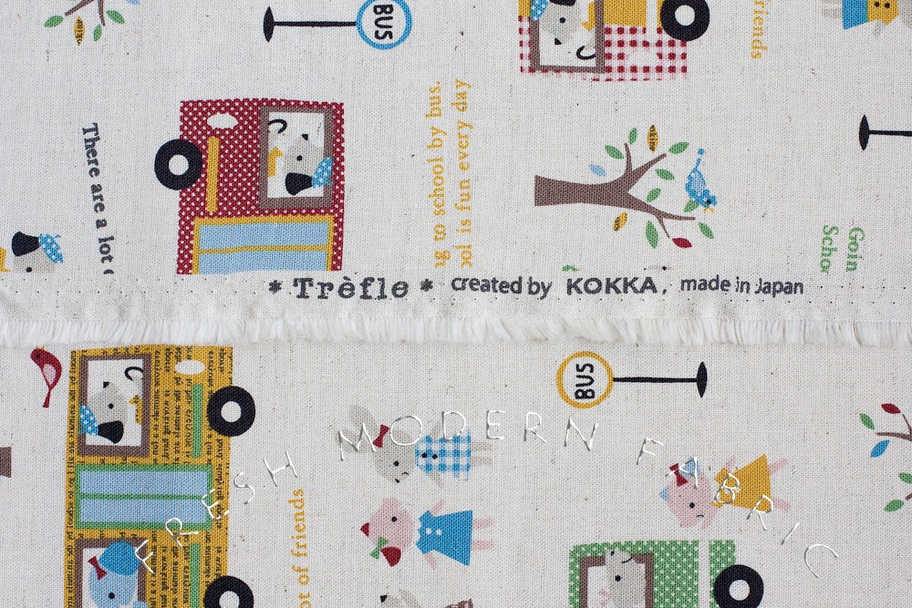 Trefle School Bus, Kokka Fabrics, Japanese Import, Cotton and Linen Blend Fabric