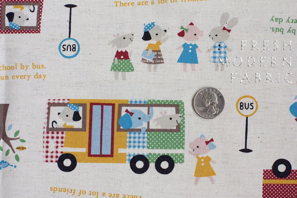 Trefle School Bus, Kokka Fabrics, Japanese Import, Cotton and Linen Blend Fabric
