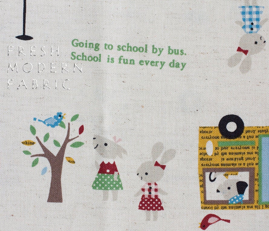 Trefle School Bus, Kokka Fabrics, Japanese Import, Cotton and Linen Blend Fabric