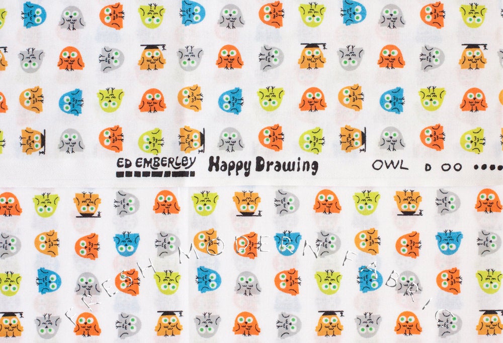 Owls, Happy Drawing by Ed Emberley, 100% Organic Cotton, Cloud9 Fabrics