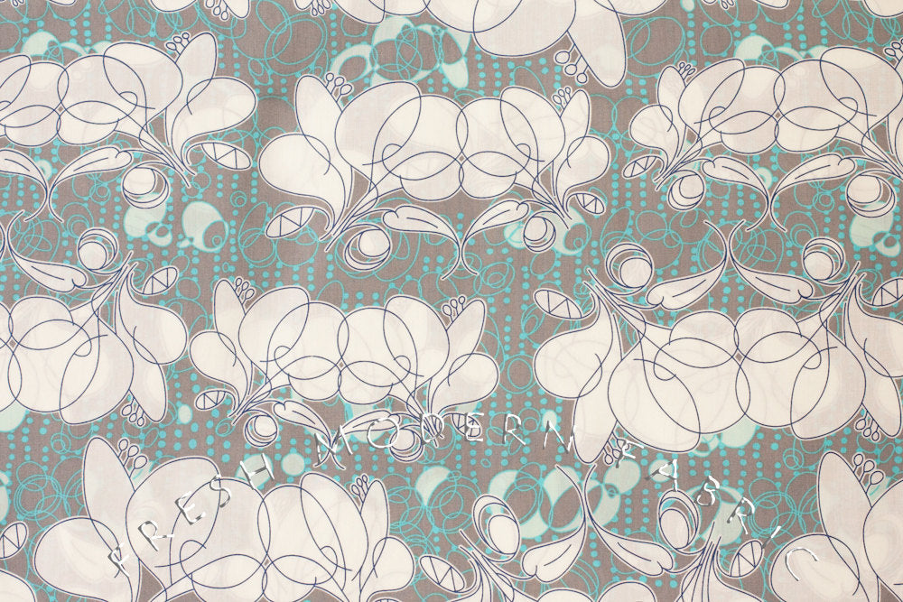 Floral Sketch on Grey and Aqua Background, Kei Fabric, 100% Cotton Voile Fabric