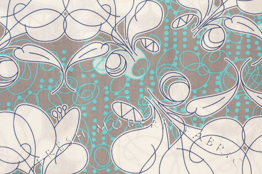 Floral Sketch on Grey and Aqua Background, Kei Fabric, 100% Cotton Voile Fabric