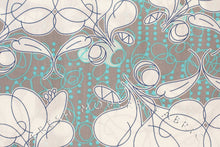 Load image into Gallery viewer, Floral Sketch on Grey and Aqua Background, Kei Fabric, 100% Cotton Voile Fabric
