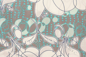 Floral Sketch on Grey and Aqua Background, Kei Fabric, 100% Cotton Voile Fabric