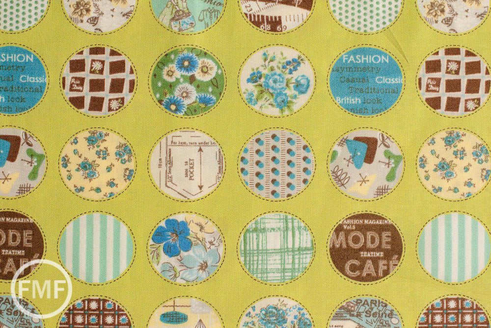Suzuko Koseki Small Patchwork Circles in Lime, Yuwa Fabric, SZ816975D, 100% Cotton Japanese Fabric