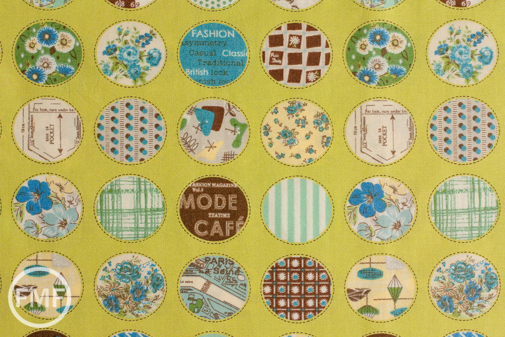 Suzuko Koseki Small Patchwork Circles in Lime, Yuwa Fabric, SZ816975D, 100% Cotton Japanese Fabric