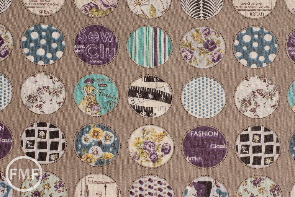 Suzuko Koseki Small Patchwork Circles in Putty, Yuwa Fabric, SZ816975C, 100% Cotton Japanese Fabric