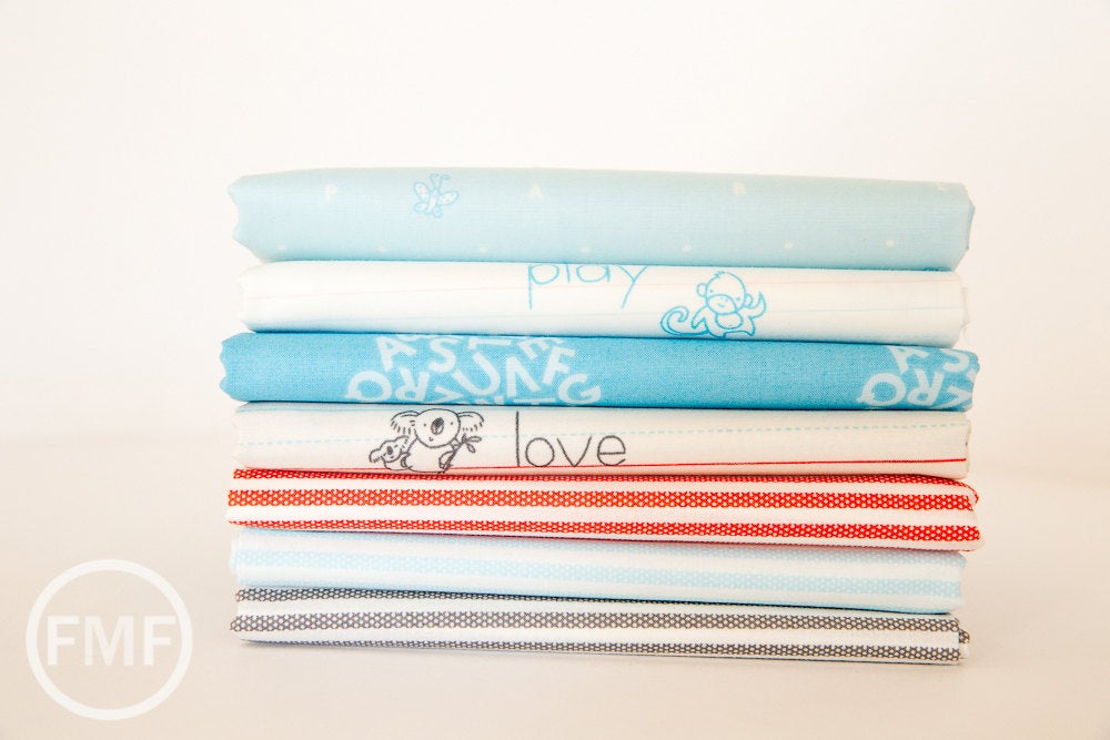 Animal ABCs Dotty Stripes in Baby Blue, Alyssa Thomas, Penguin and Fish, 100% Organic Cotton, Clothworks, Y-1690-29