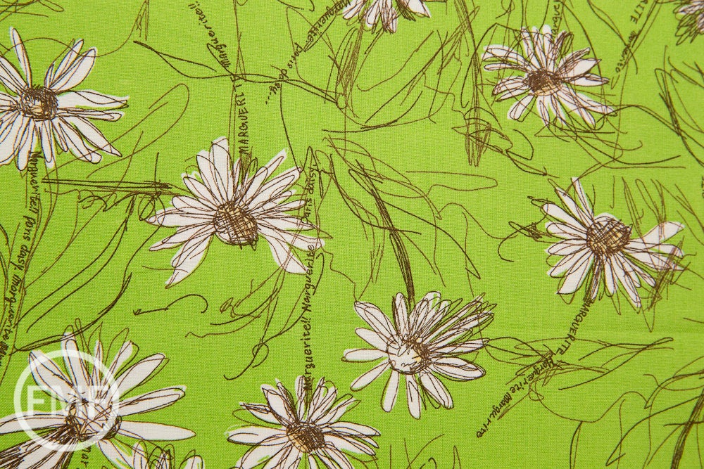 Suzuko Koseki Small Marguerite Daisy in Lime Green, Yuwa Fabric, SZ826012D, 100% Cotton Japanese Fabric