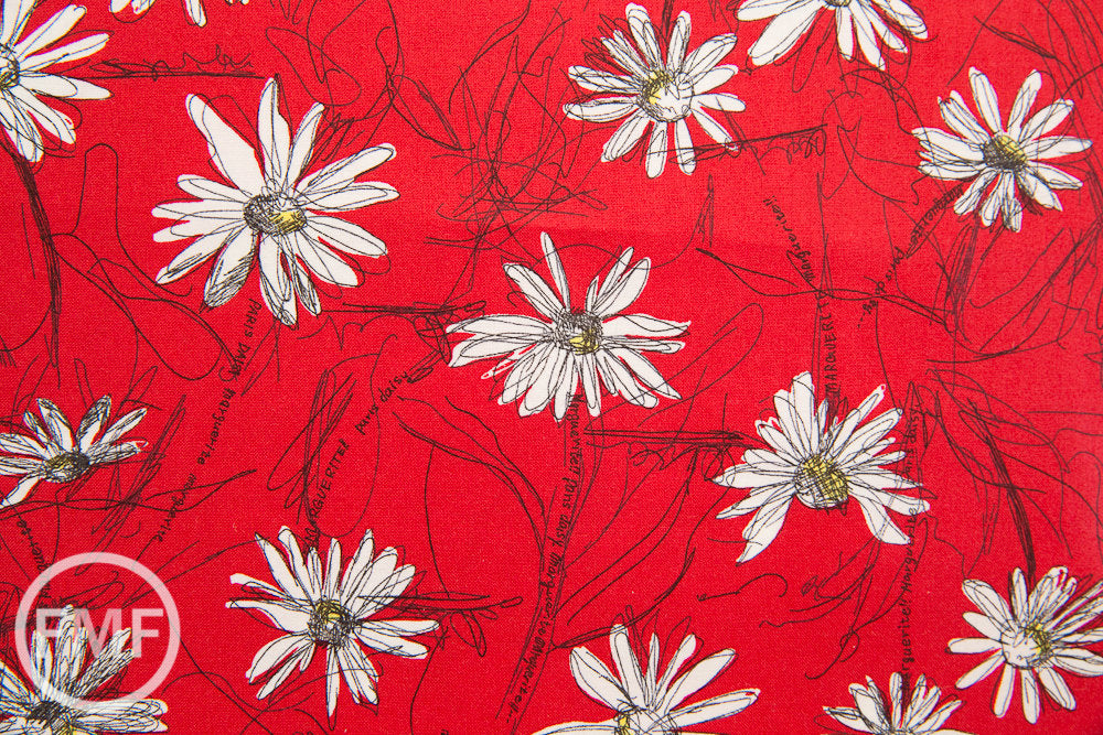 13-Inch End of Bolt Remnant Suzuko Koseki Small Marguerite Daisy in Red, Yuwa Fabric, SZ826012A