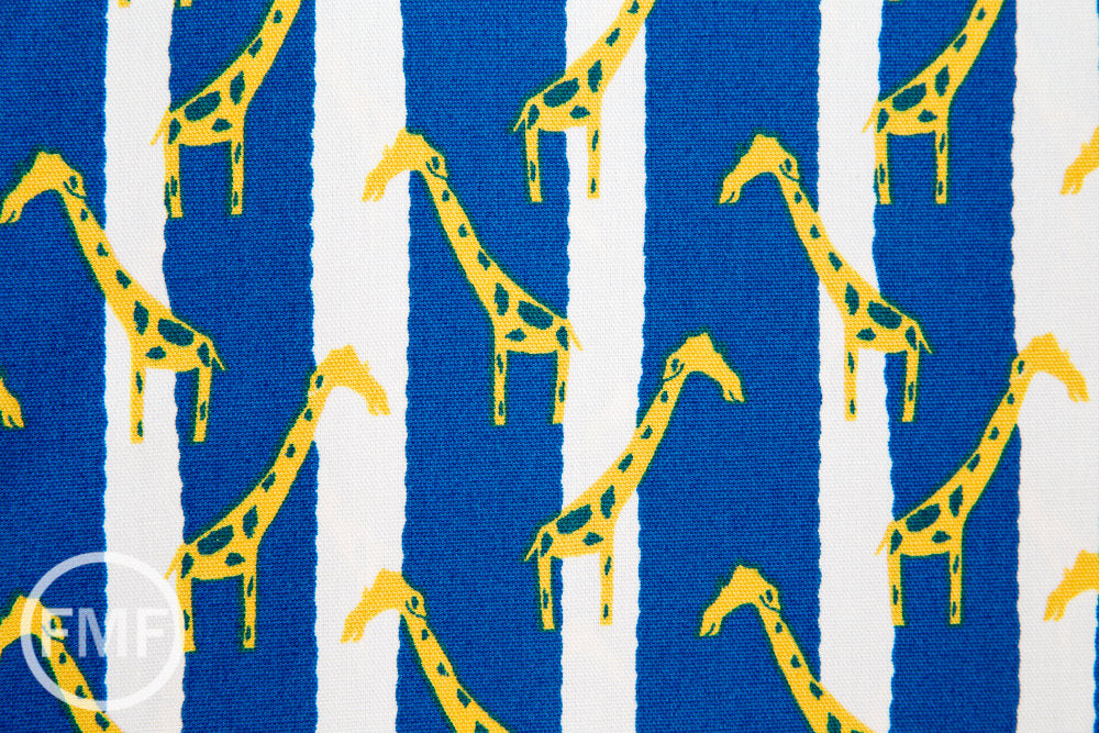 Zoo Candy Giraffe Jail in Yellow and Blue, Hokkoh Fabrics, 100% Cotton Basket Weave Fabric, 71-210-3E