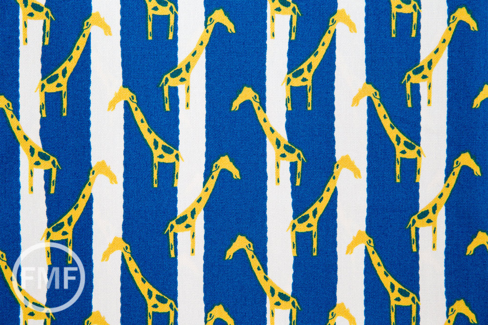 Zoo Candy Giraffe Jail in Yellow and Blue, Hokkoh Fabrics, 100% Cotton Basket Weave Fabric, 71-210-3E