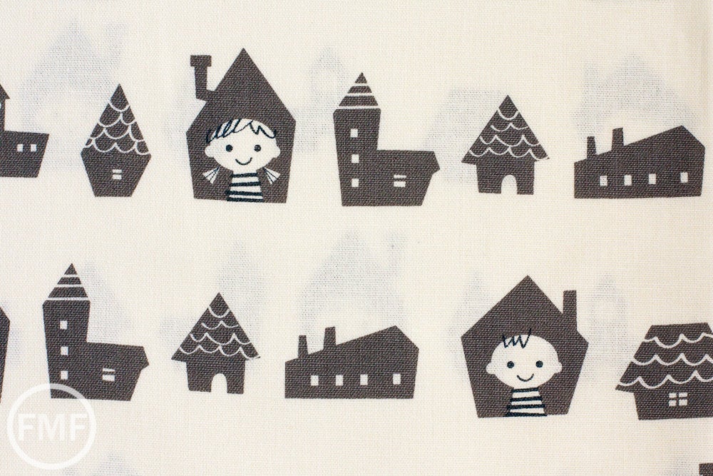 Happy Houses in Grey, Puti de Pome So Happy, Mico Design Works, Mico Ogura, Made in Japan, Cotton and Linen Blend Fabric, PTMF-077