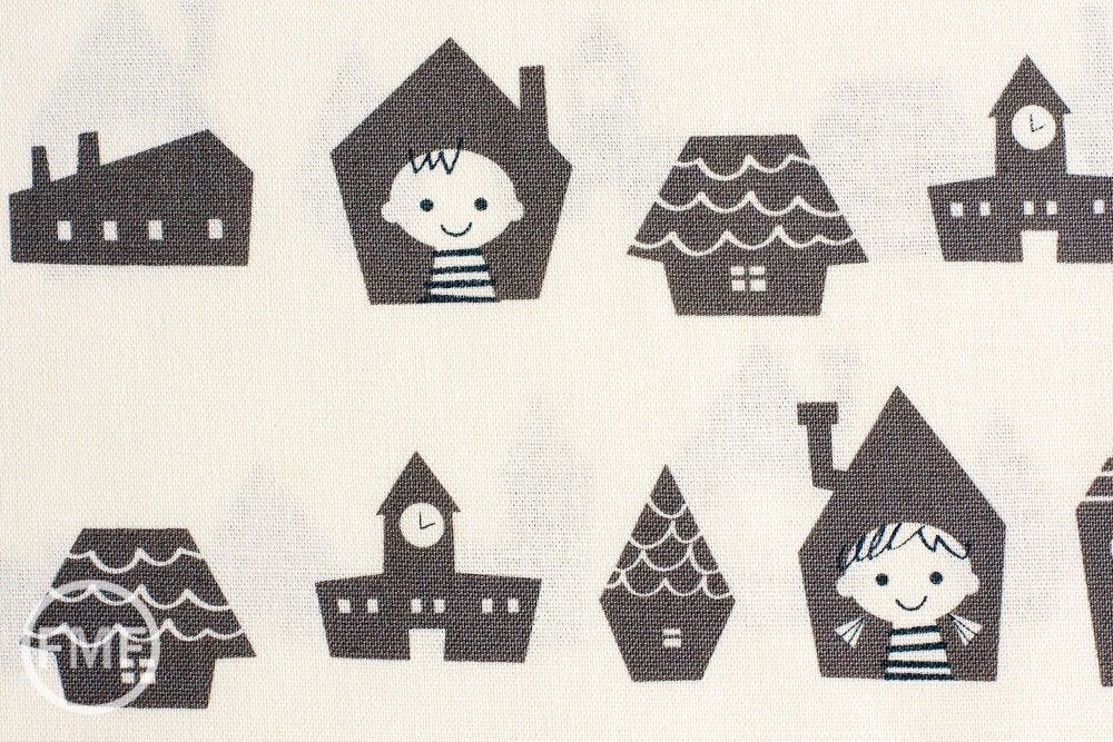 Happy Houses in Grey, Puti de Pome So Happy, Mico Design Works, Mico Ogura, Made in Japan, Cotton and Linen Blend Fabric, PTMF-077
